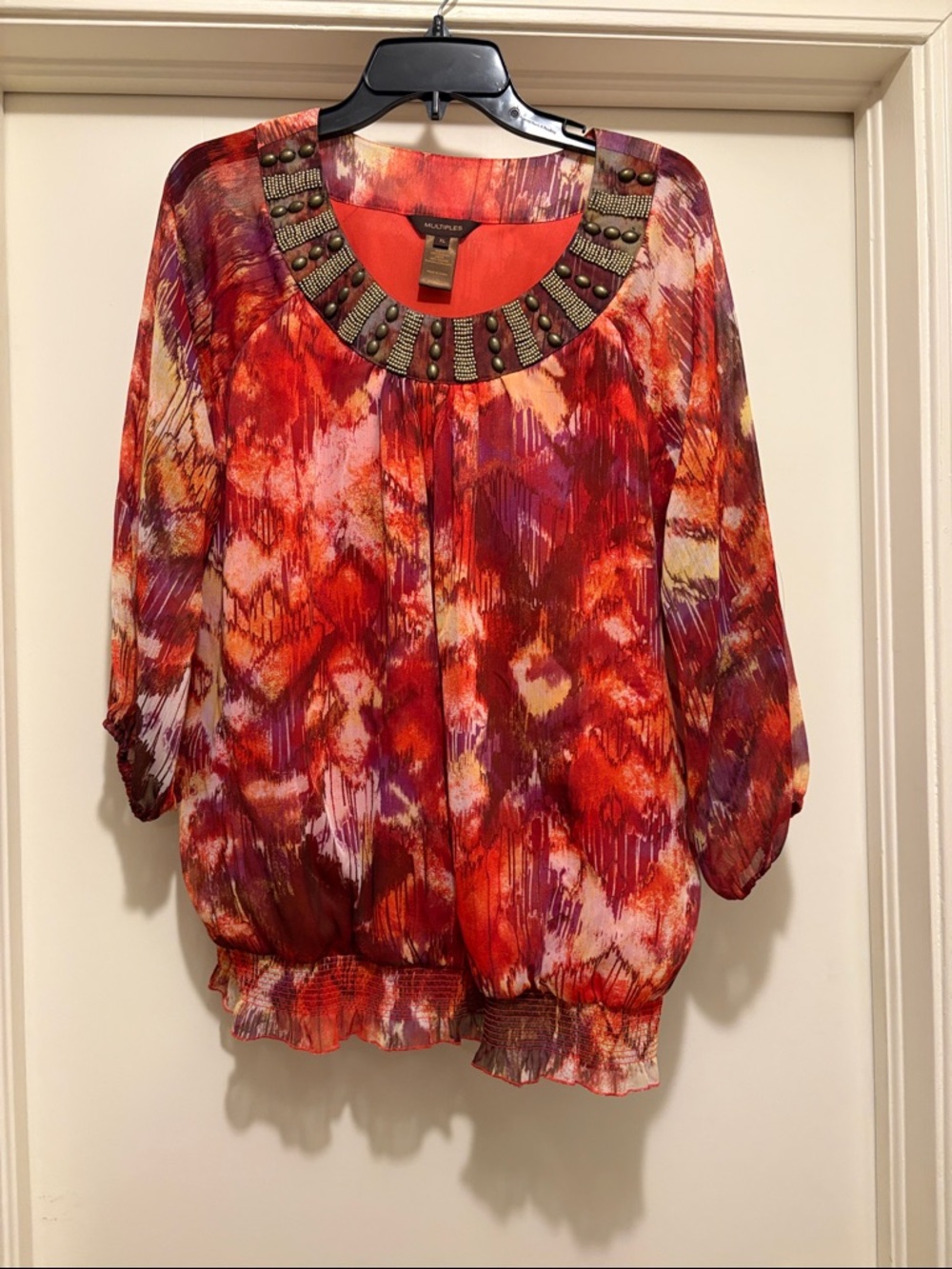 Multiples Red Multi Beaded-Neck Blouse